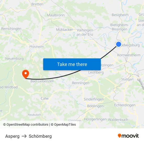 Asperg to Schömberg map