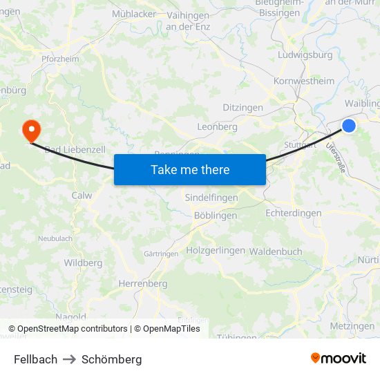 Fellbach to Schömberg map