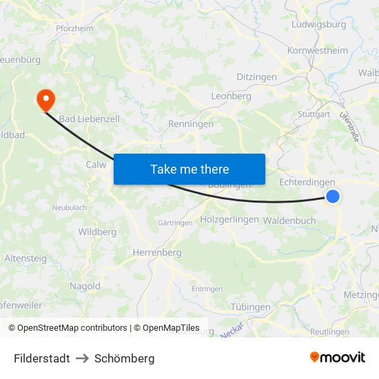 Filderstadt to Schömberg map