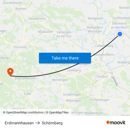 Erdmannhausen to Schömberg map