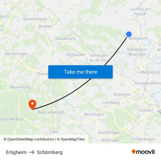 Erligheim to Schömberg map