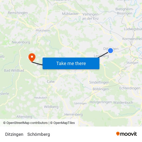 Ditzingen to Schömberg map