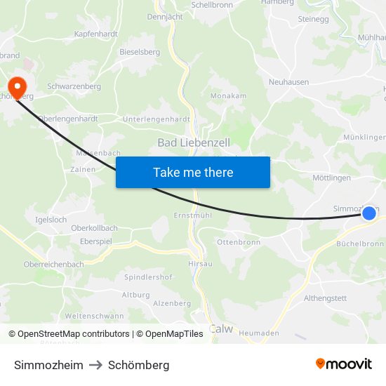 Simmozheim to Schömberg map