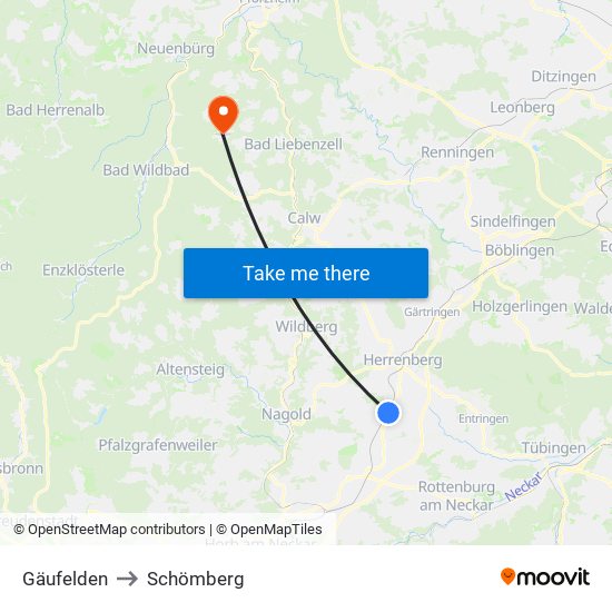 Gäufelden to Schömberg map