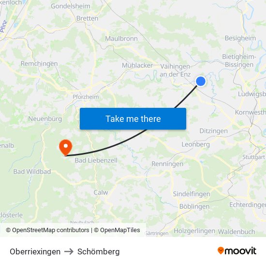 Oberriexingen to Schömberg map