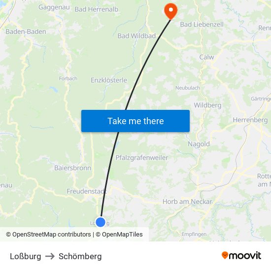 Loßburg to Schömberg map