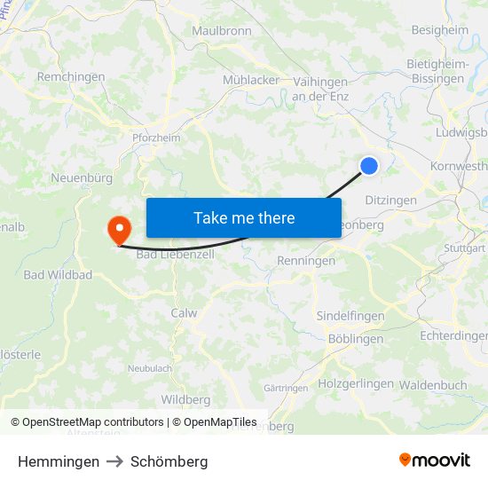 Hemmingen to Schömberg map