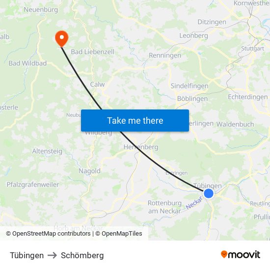 Tübingen to Schömberg map