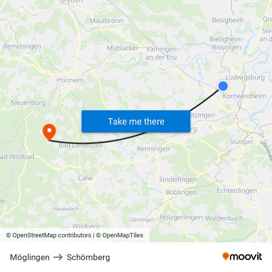 Möglingen to Schömberg map