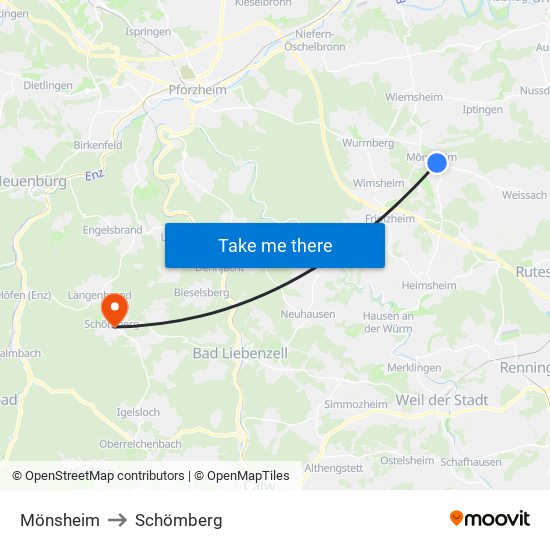 Mönsheim to Schömberg map