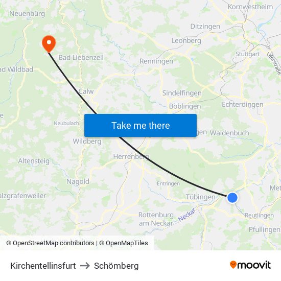 Kirchentellinsfurt to Schömberg map