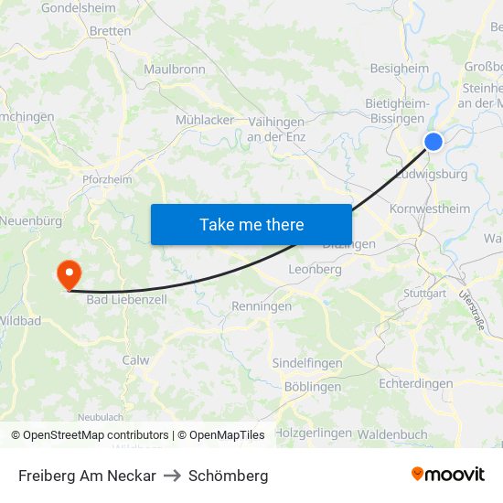 Freiberg Am Neckar to Schömberg map