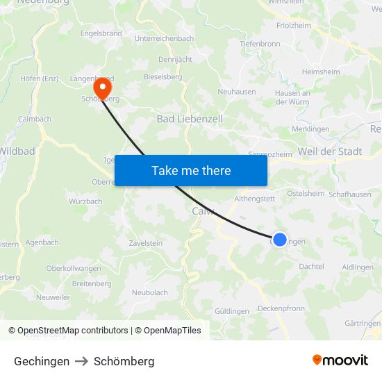 Gechingen to Schömberg map