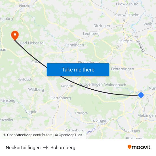 Neckartailfingen to Schömberg map