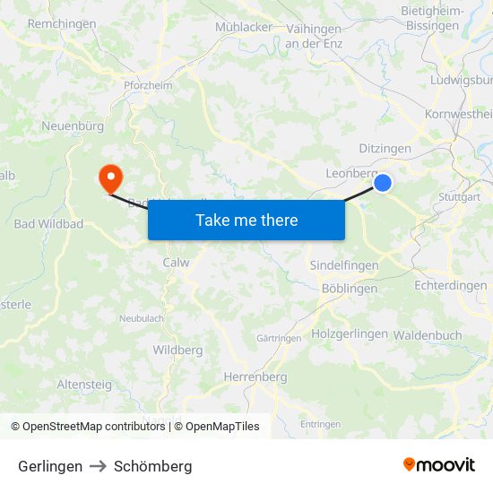 Gerlingen to Schömberg map