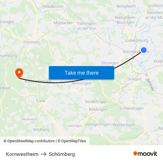 Kornwestheim to Schömberg map