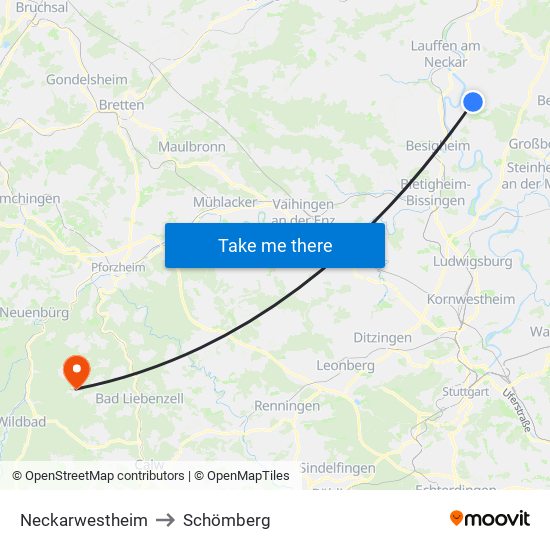 Neckarwestheim to Schömberg map