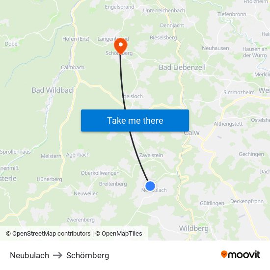 Neubulach to Schömberg map