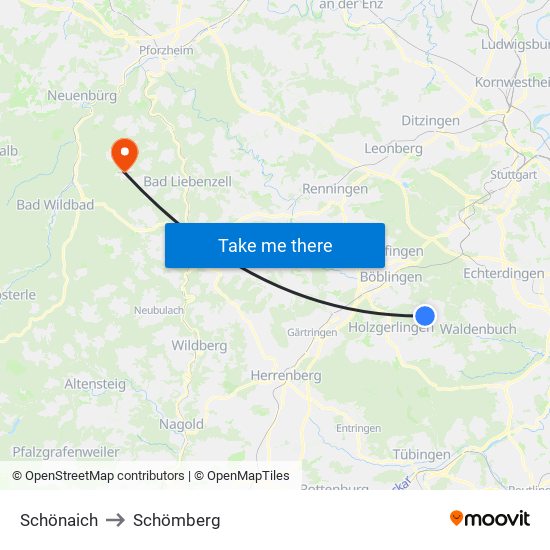 Schönaich to Schömberg map