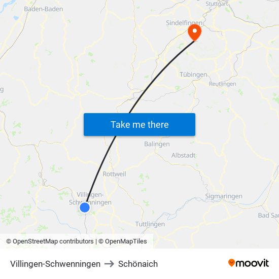 Villingen-Schwenningen to Schönaich map