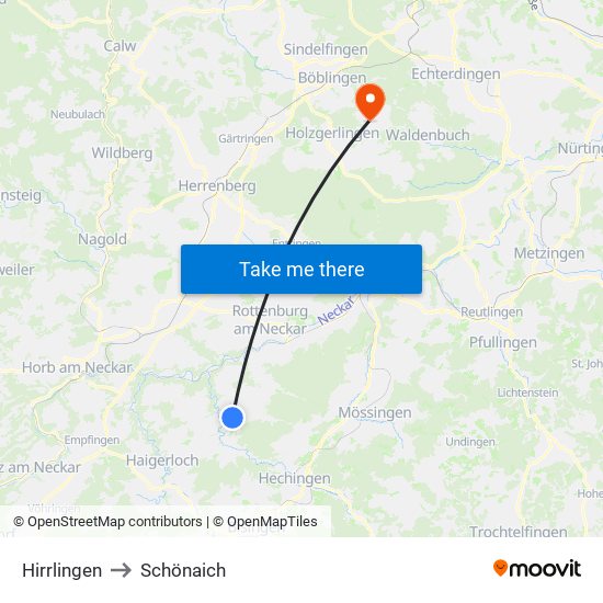 Hirrlingen to Schönaich map