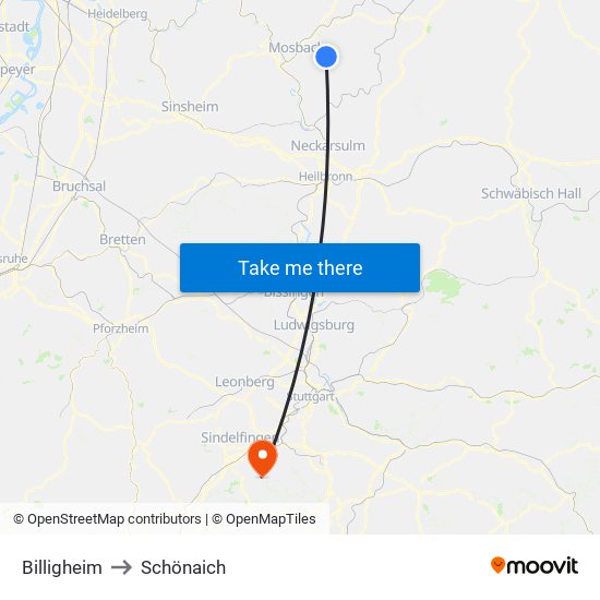 Billigheim to Schönaich map