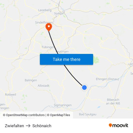 Zwiefalten to Schönaich map