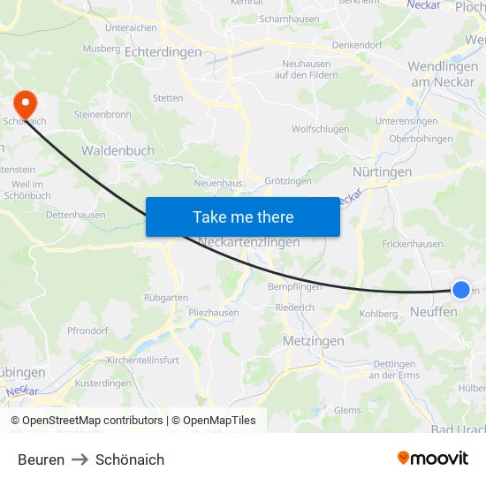 Beuren to Schönaich map