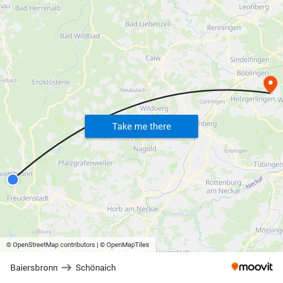 Baiersbronn to Schönaich map