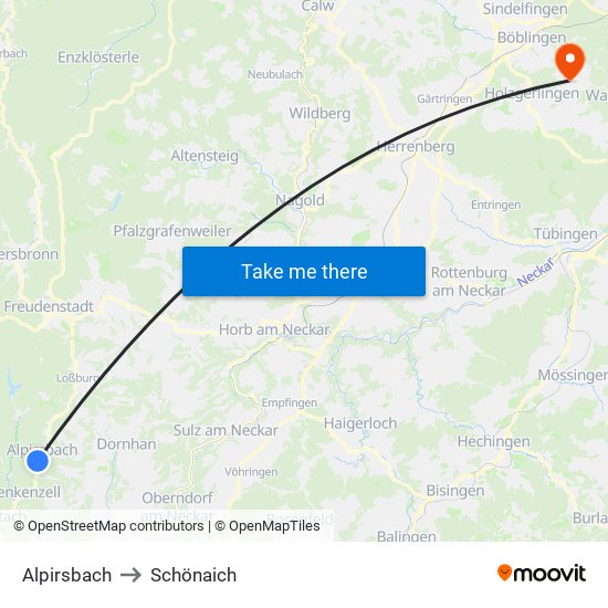 Alpirsbach to Schönaich map