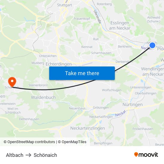 Altbach to Schönaich map