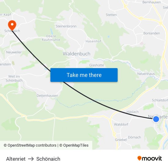 Altenriet to Schönaich map