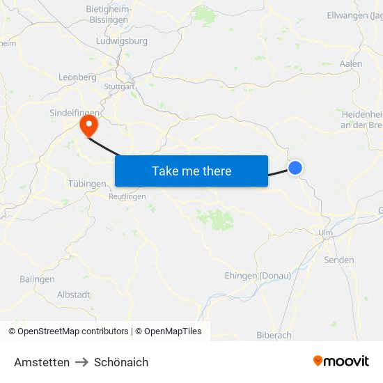 Amstetten to Schönaich map