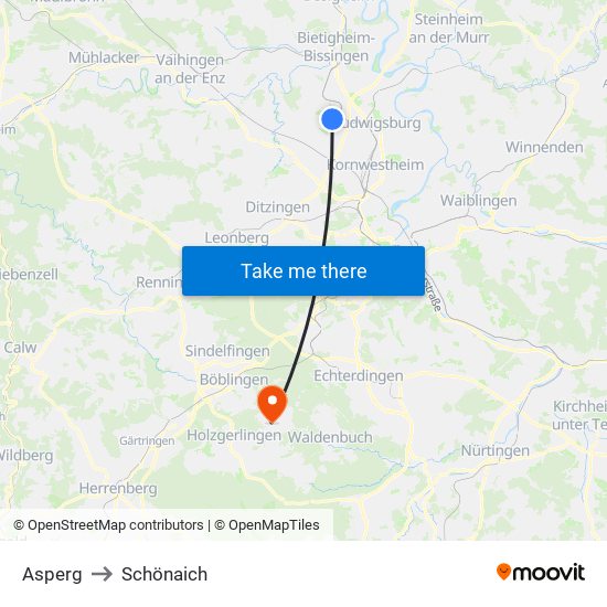 Asperg to Schönaich map