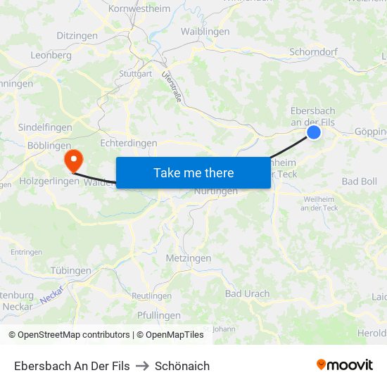 Ebersbach An Der Fils to Schönaich map