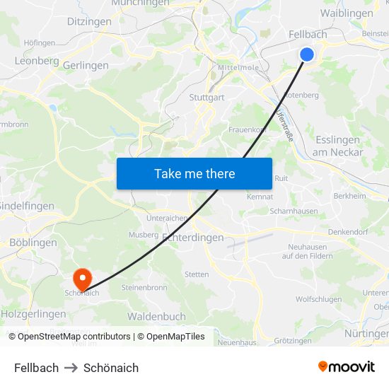 Fellbach to Schönaich map