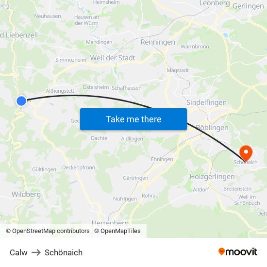 Calw to Schönaich map