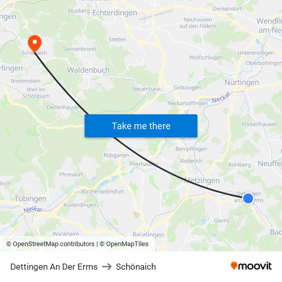 Dettingen An Der Erms to Schönaich map