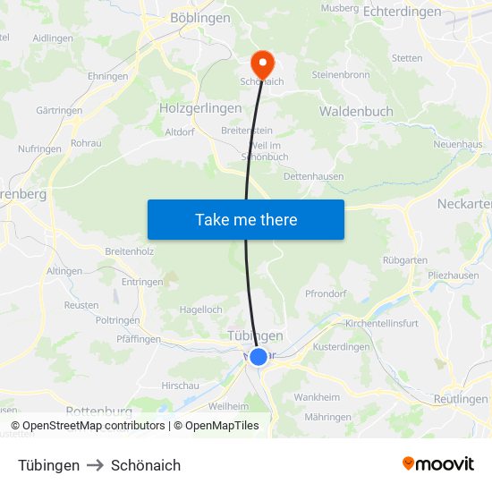 Tübingen to Schönaich map