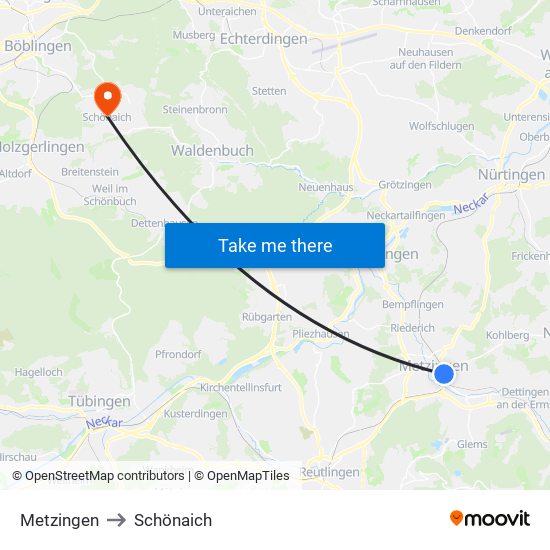 Metzingen to Schönaich map