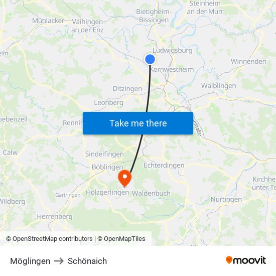 Möglingen to Schönaich map