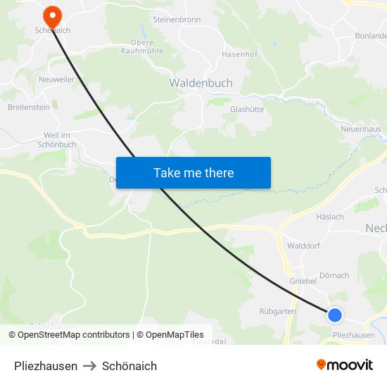 Pliezhausen to Schönaich map