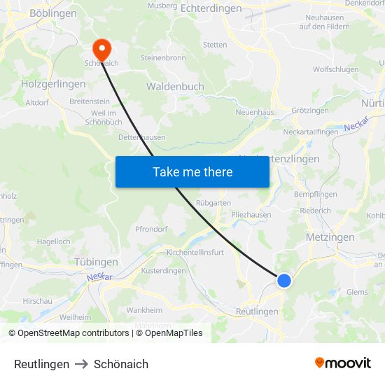 Reutlingen to Schönaich map