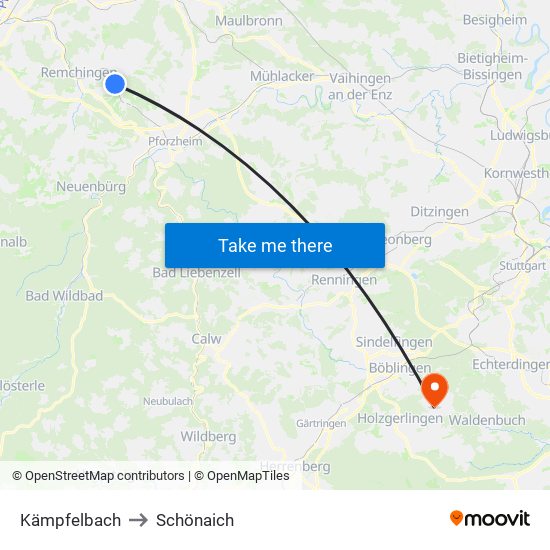 Kämpfelbach to Schönaich map