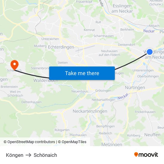 Köngen to Schönaich map