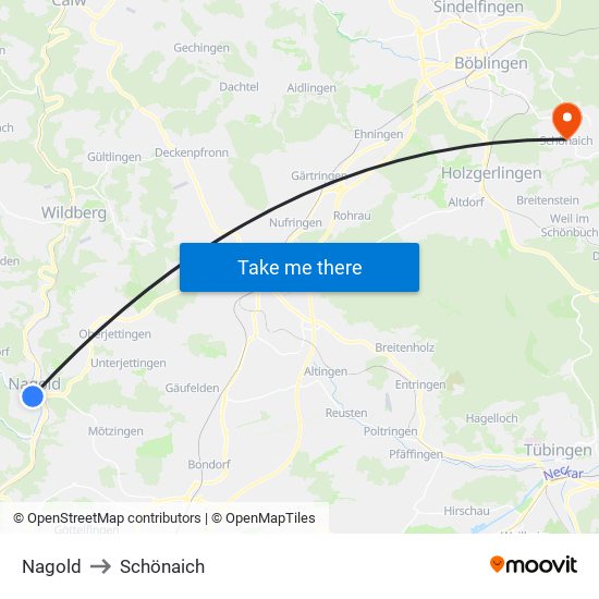 Nagold to Schönaich map