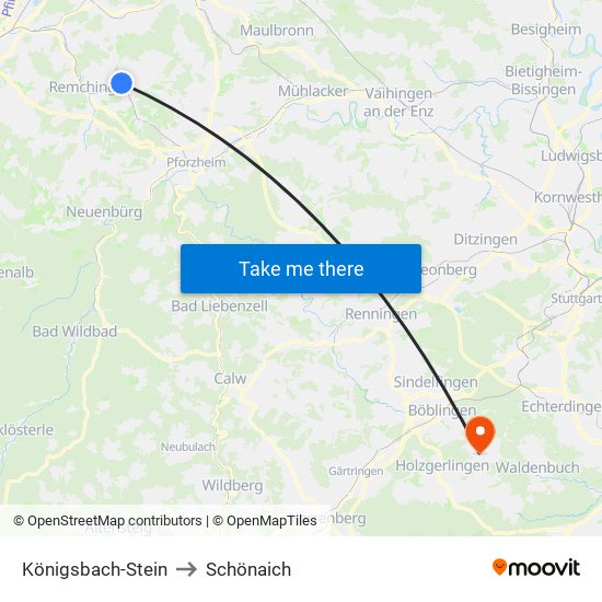 Königsbach-Stein to Schönaich map