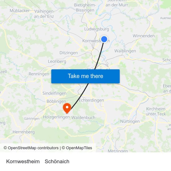 Kornwestheim to Schönaich map