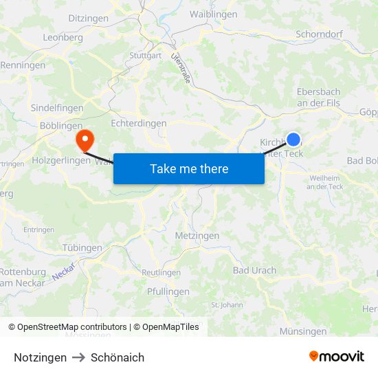 Notzingen to Schönaich map
