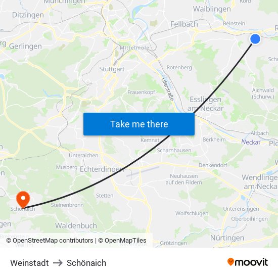 Weinstadt to Schönaich map